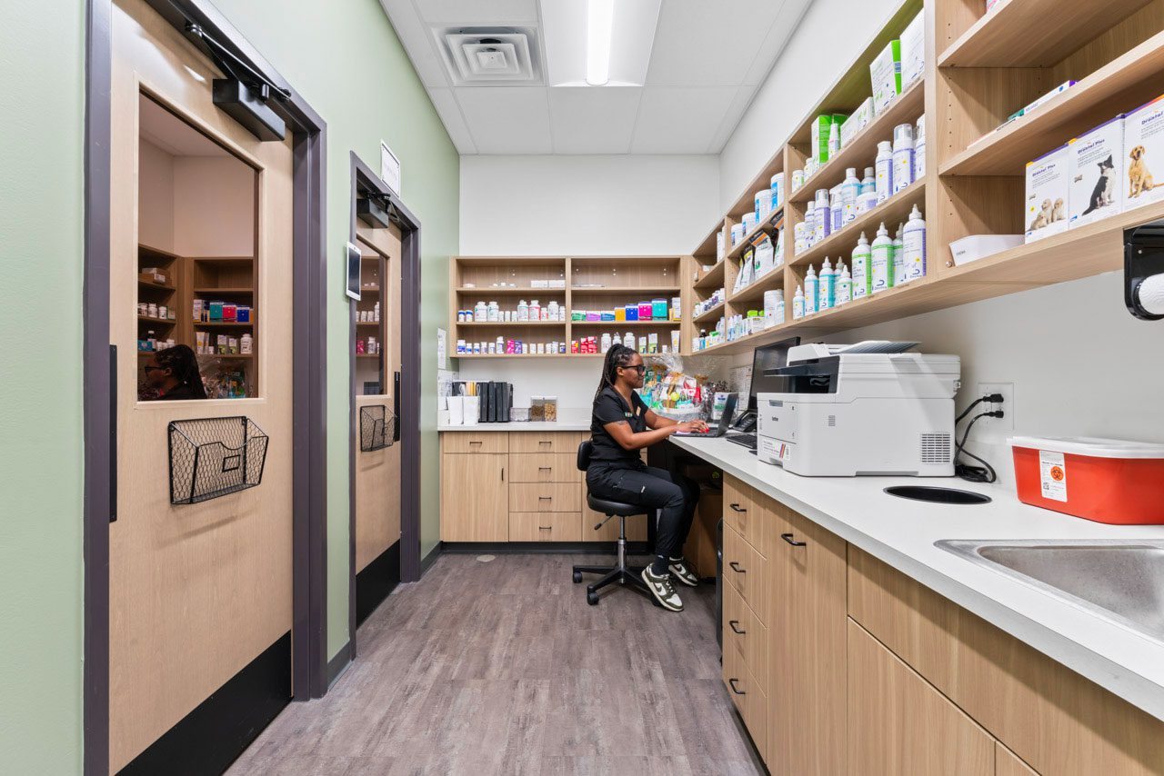 female veterinarian sitting down with computer in pharmacy room
